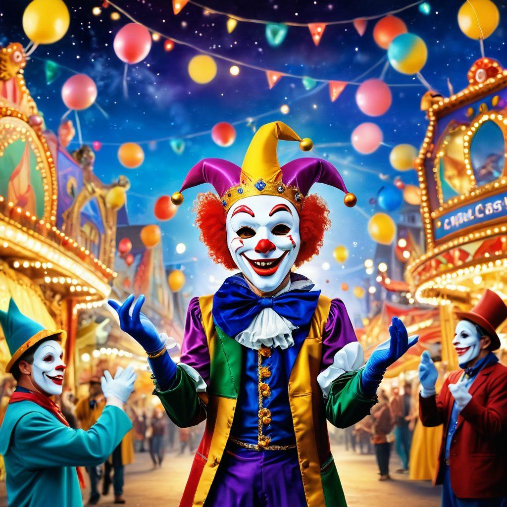 A whimsical scene featuring a colorful jester juggling vibrant, oversized objects like comical masks and playful toys, surrounded by a lively backdrop of an enchanting carnival. Soft lights twinkle above, creating a festive atmosphere, and adults of diverse backgrounds laugh and enjoy the entertainment. Emphasize joy and playfulness with exaggerated expressions and bright colors. digital art. vibrant colors. playful style.