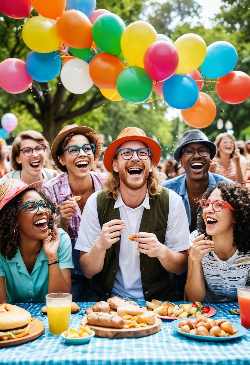 A lively scene depicting a diverse group of friends laughing together in a vibrant park, surrounded by comedic props like oversized glasses, funny hats, and a picnic table filled with snacks. In the background, a stage with a comedian performing, the audience in stitches. The atmosphere is playful, filled with colorful balloons and confetti, showcasing a sense of joy and community. cartoonish style. bright and cheerful colors.