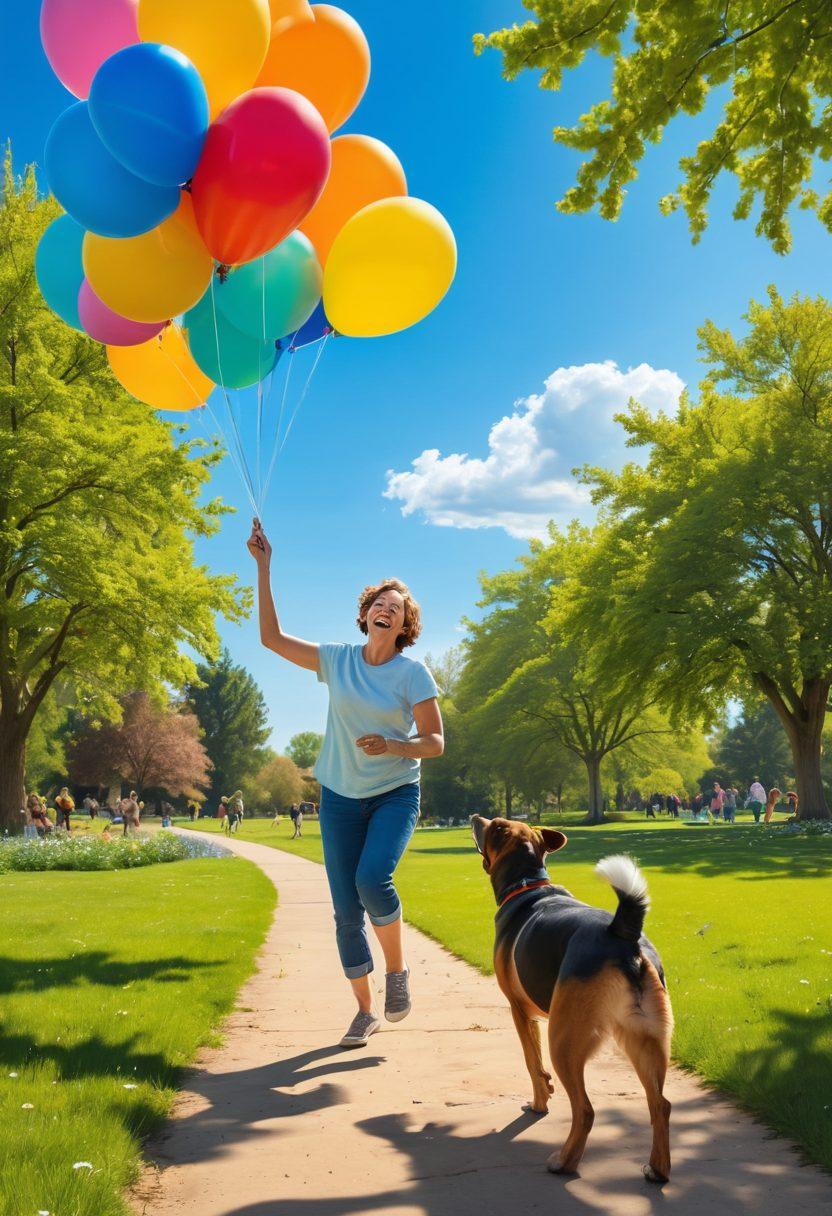 A whimsical scene depicting adults engaging in playful activities like playing frisbee, painting, and laughing in a sunlit park. Include colorful balloons floating in the air, a joyful dog running around, and diverse individuals of different ages and backgrounds, showing expressions of happiness. The background features blooming flowers and bright blue skies to evoke a sense of joy and light-heartedness. vibrant colors. super-realistic.